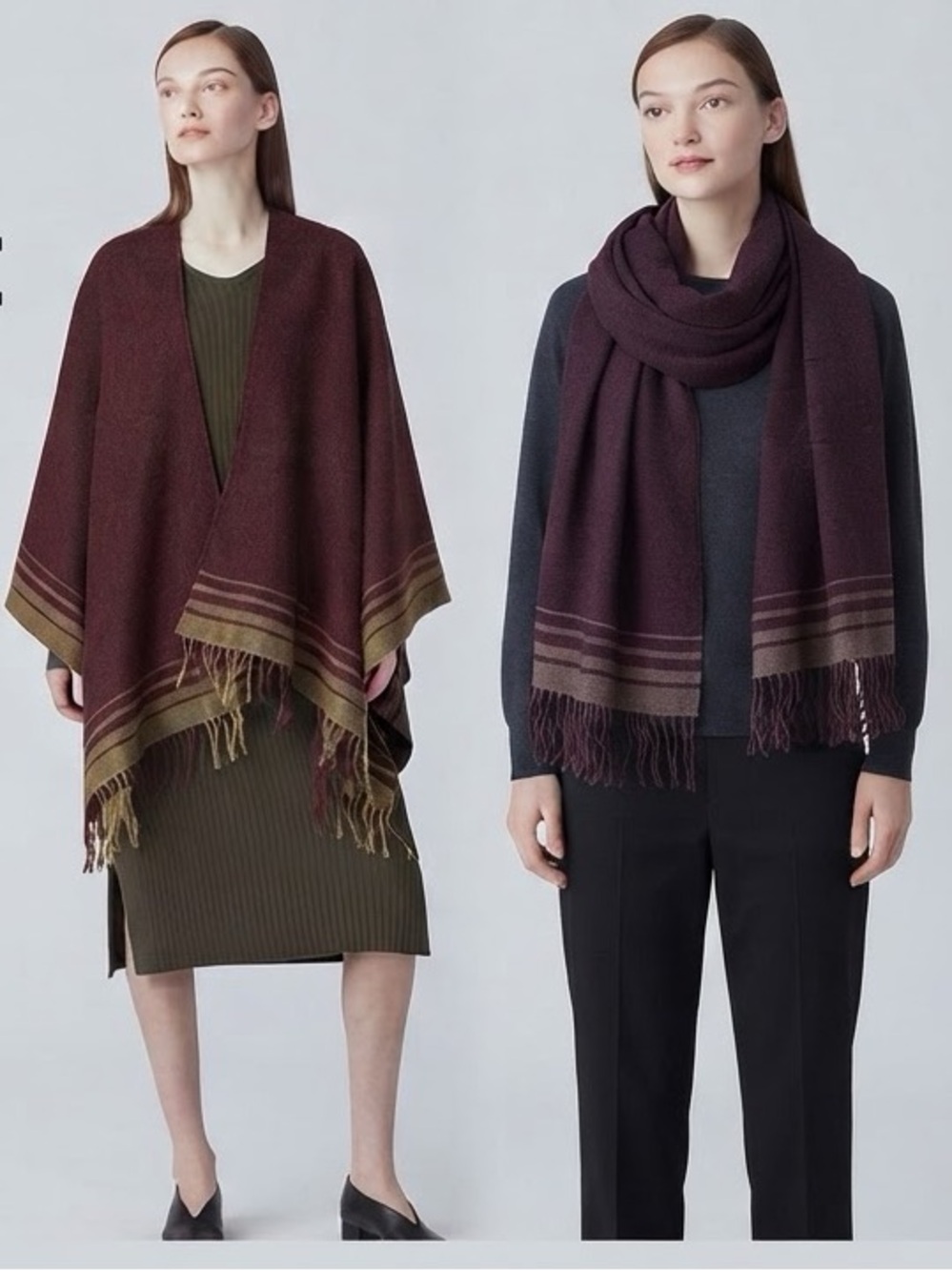UNIQLO NEW 2Way Poncho Scarf Stole Wrap Reversible Burgundy Fringe Oversized Tan